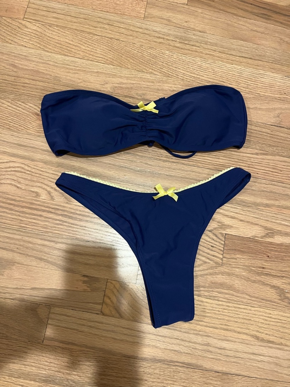 Navy Blue Bandeau Bikini Set with Yellow Accents